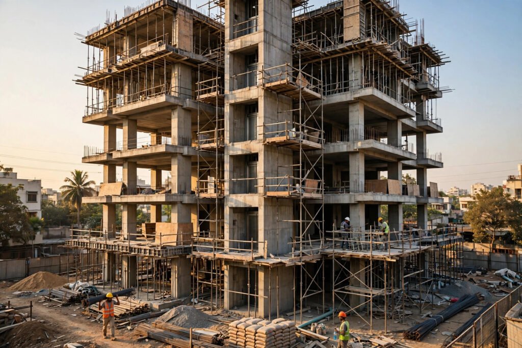 New apartment building under construction in India with elevator shaft being fitted