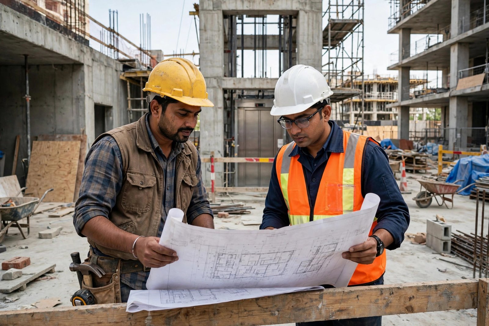 Builder and engineer reviewing lift installation plans at an apartment construction site in India