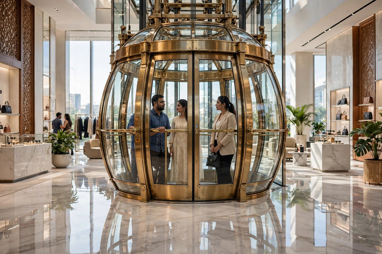Panoramic capsule glass elevator inside a modern luxury showroom in Dhanbad