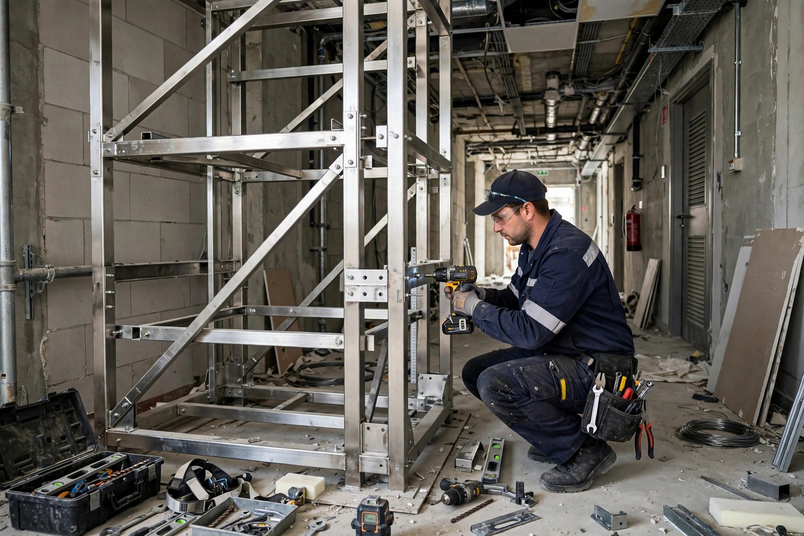 Technician installing a stainless steel dumbwaiter lift shaft in a hotel service area