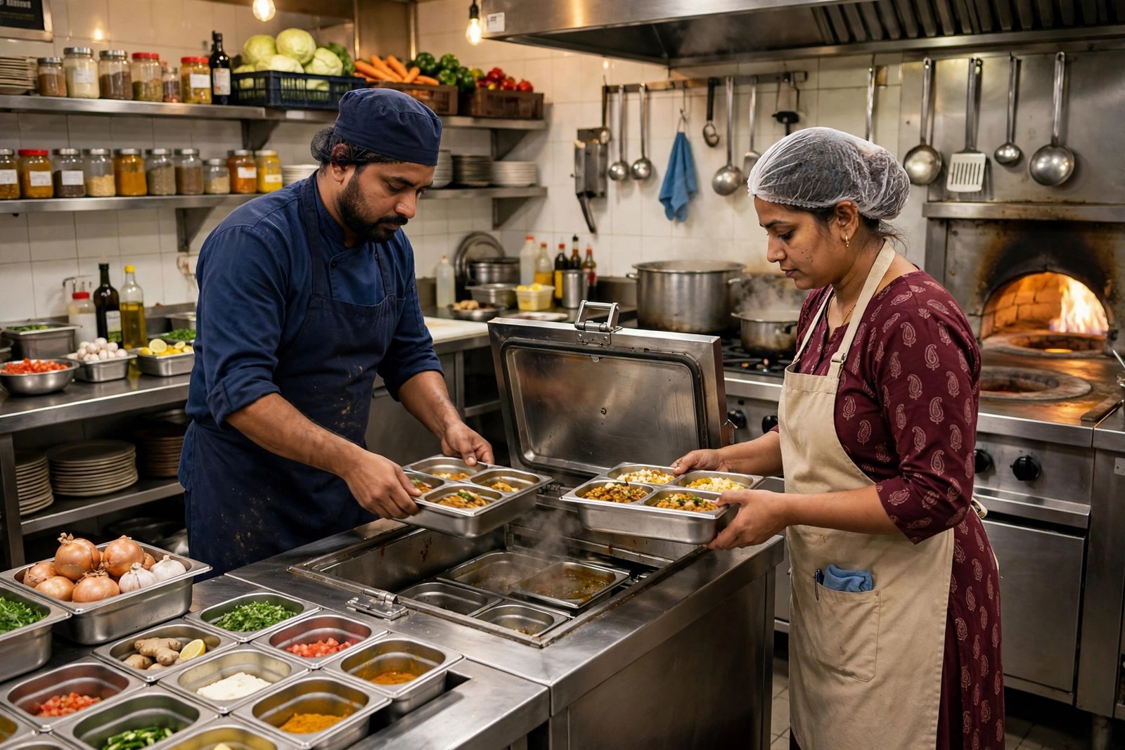 Restaurant kitchen staff loading food trays into a stainless steel dumbwaiter lift in India