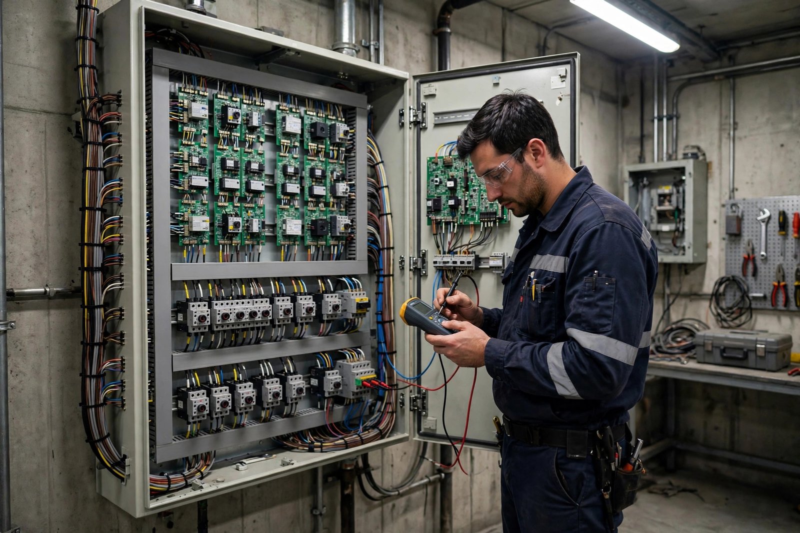 Open elevator controller panel with circuit boards and wiring being inspected by a technician