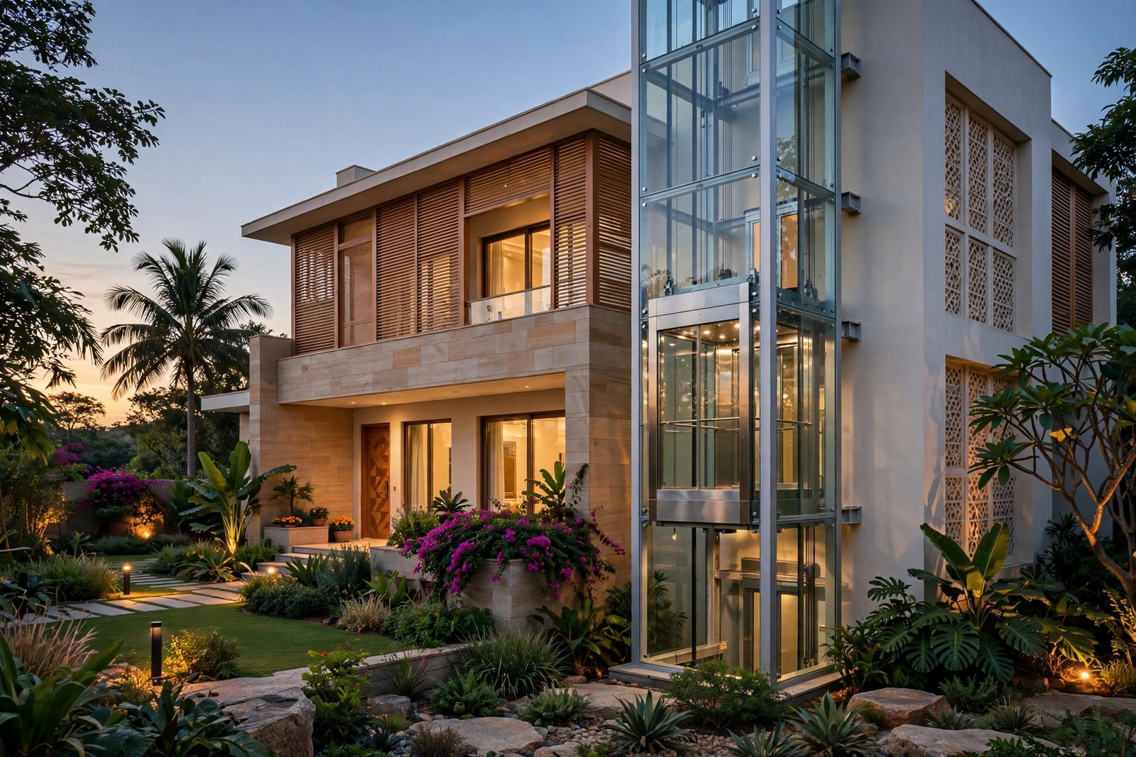 Outdoor glass shaft panoramic home elevator attached to a modern villa