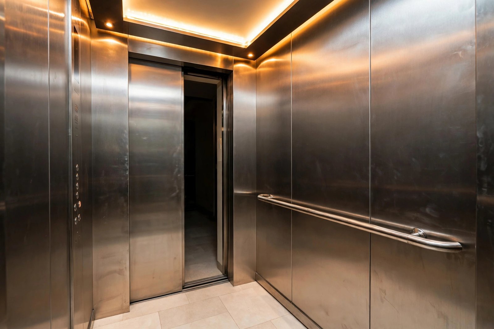 Modern home elevator cabin interior with bright LED lighting in an Indian house