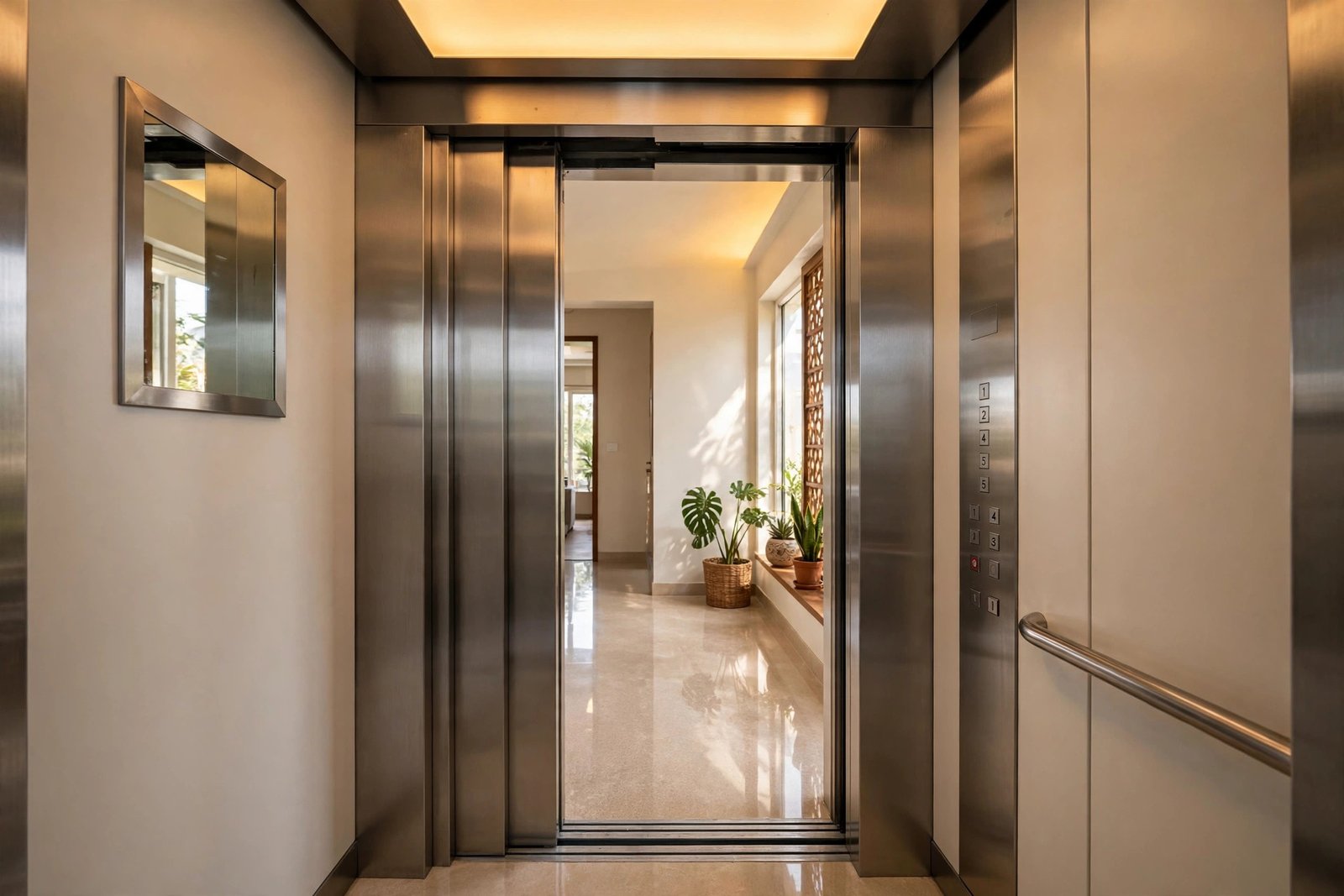 Modern home lift cabin interior with glass panel and steel handrail