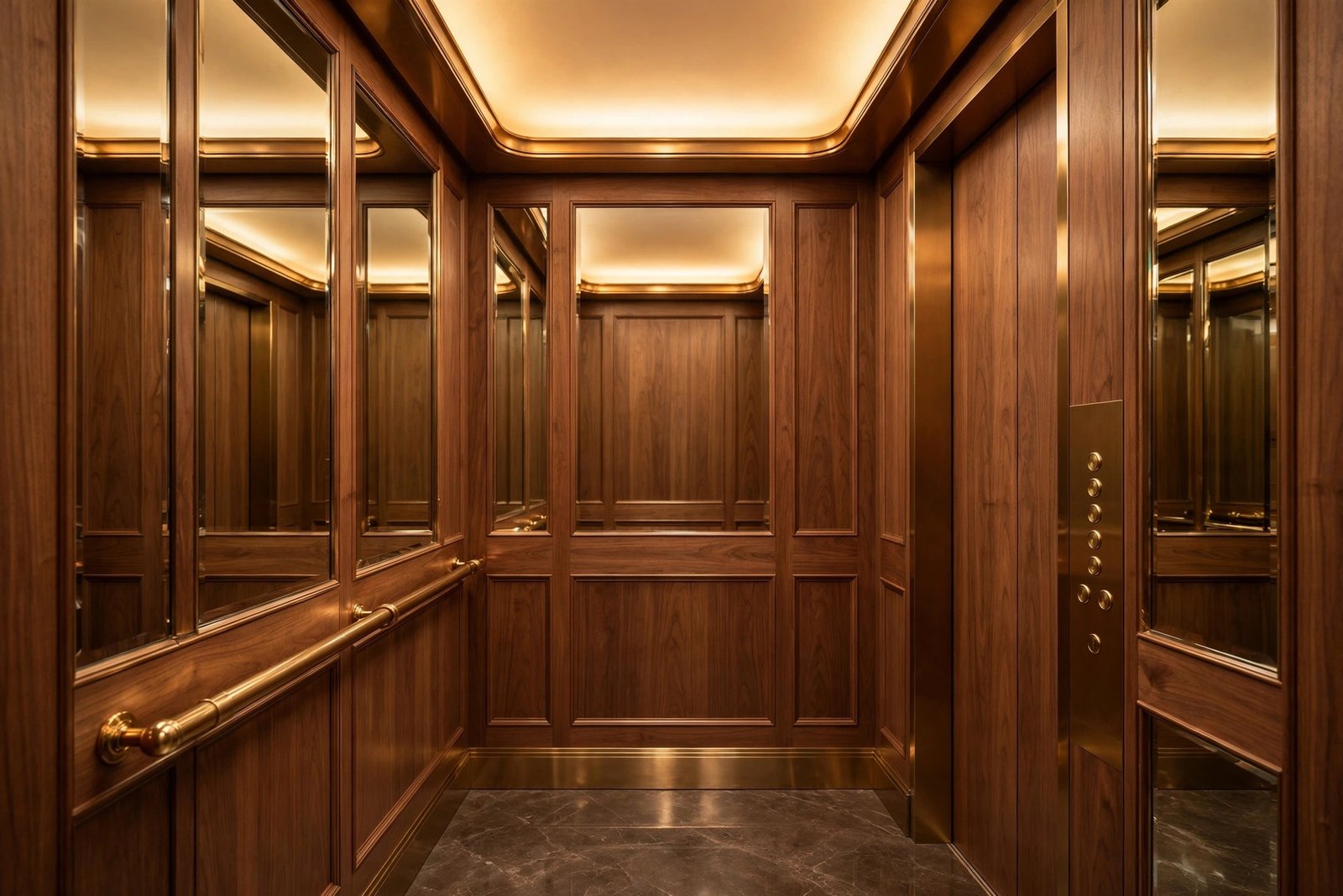 Luxurious home lift cabin interior with warm lighting