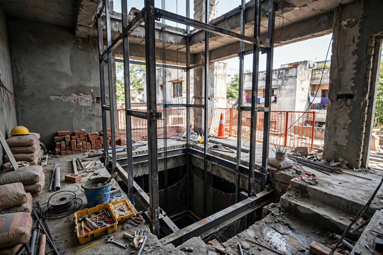 Residential building under construction showing elevator shaft structure