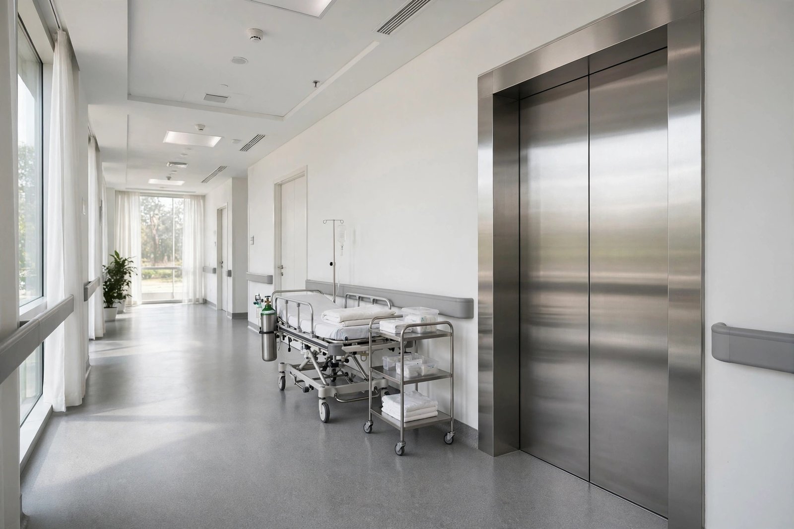 Modern hospital corridor with wide stainless steel elevator doors and stretcher waiting area