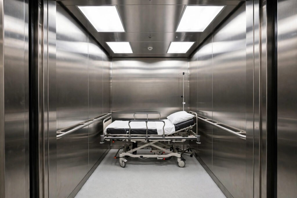 Spacious hospital elevator cabin interior with stretcher bed and stainless steel handrails