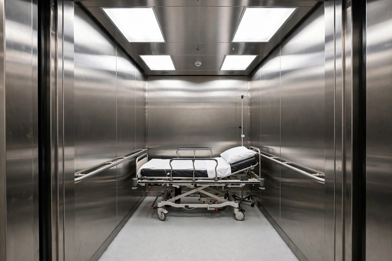 Spacious hospital elevator cabin interior with stretcher bed and stainless steel handrails