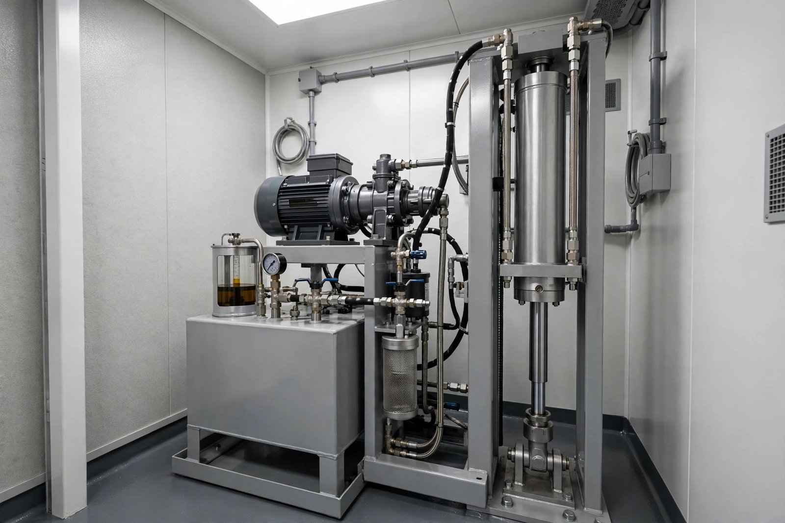 Hydraulic home lift power unit with piston cylinder in machine room