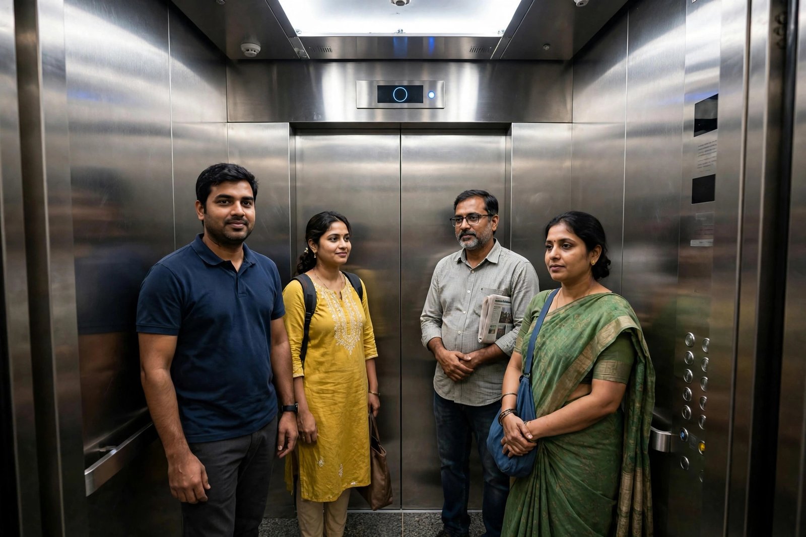 Modern elevator cabin interior with passengers showing lift capacity in an Indian residential building