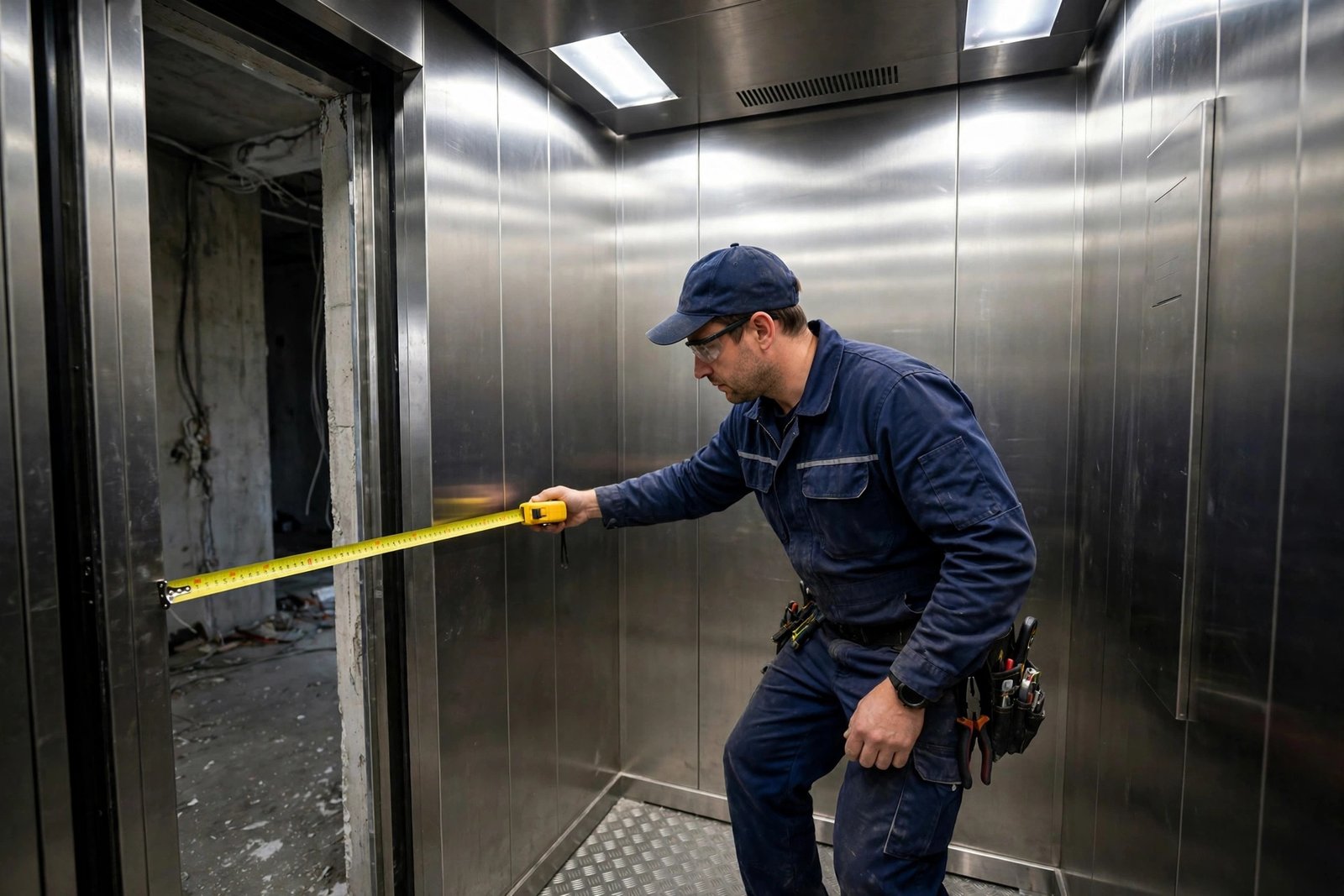Lift technician measuring elevator cabin interior dimensions with a tape measure during site survey