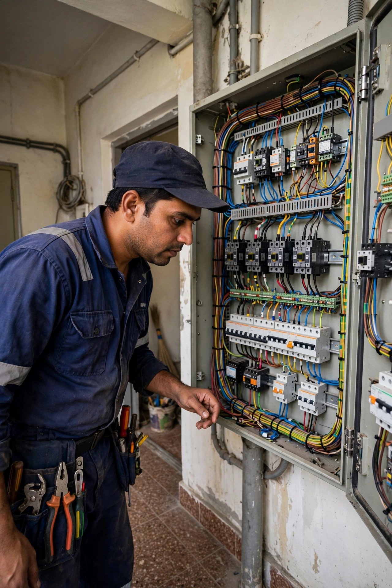 Electrician inspecting the power control panel and wiring of a home elevator
