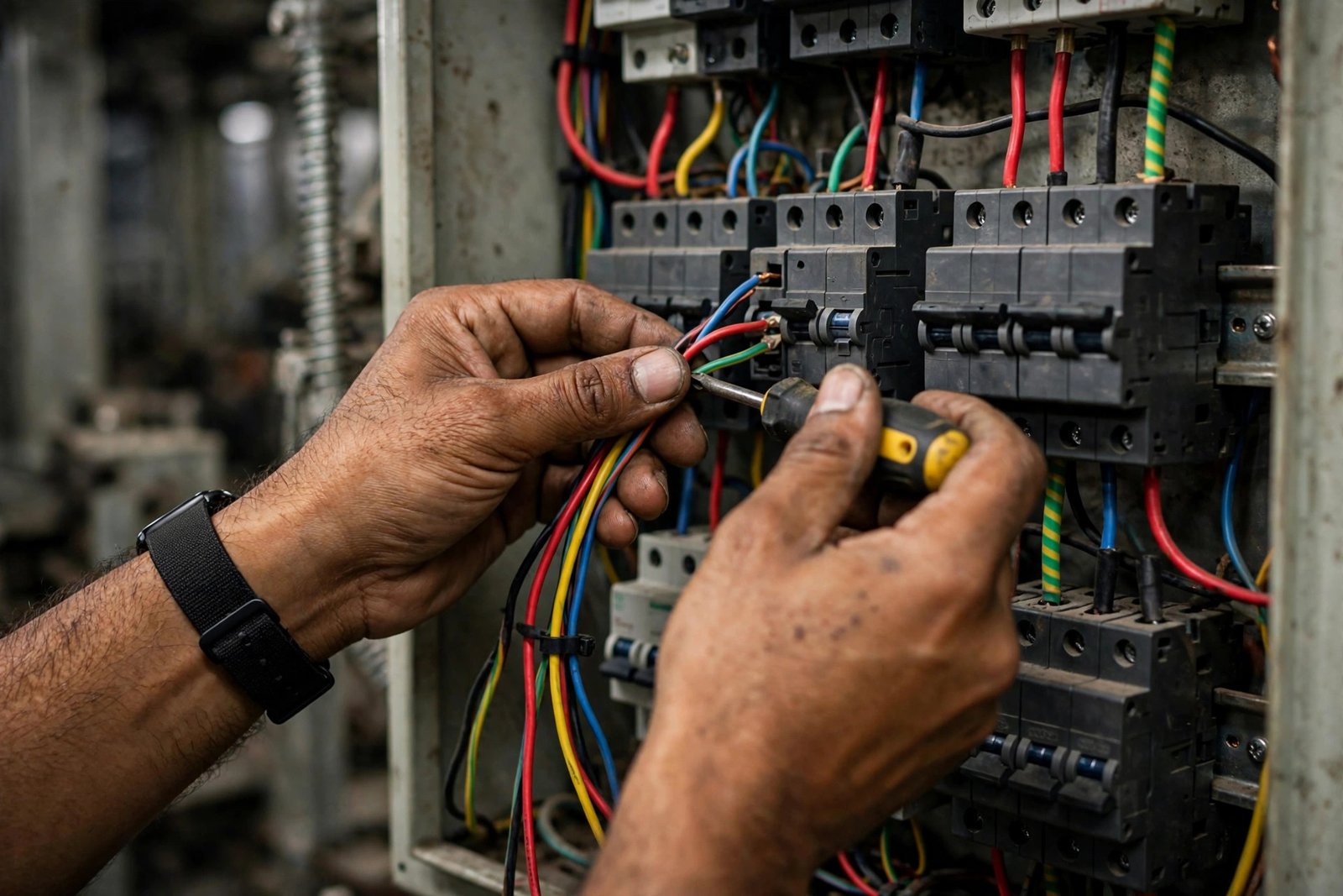 Technician repairing an elevator control panel during a breakdown service call