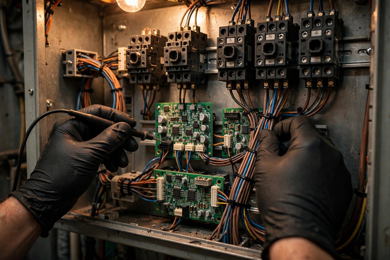 Open elevator control cabinet showing circuit boards during maintenance inspection