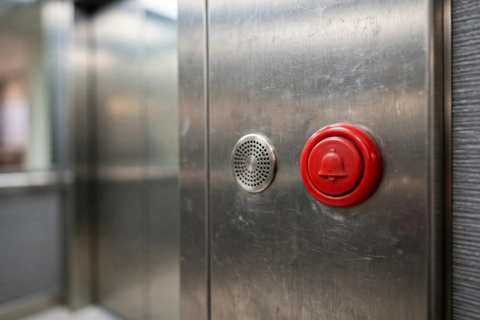 Close-up of elevator emergency alarm button and intercom panel inside a lift cabin in India