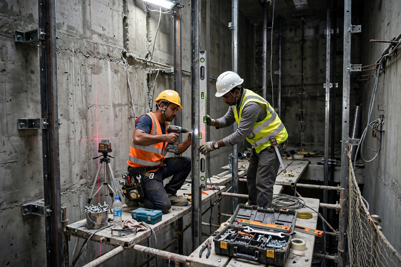 Two technicians installing elevator guide rails and cabin inside a concrete lift shaft