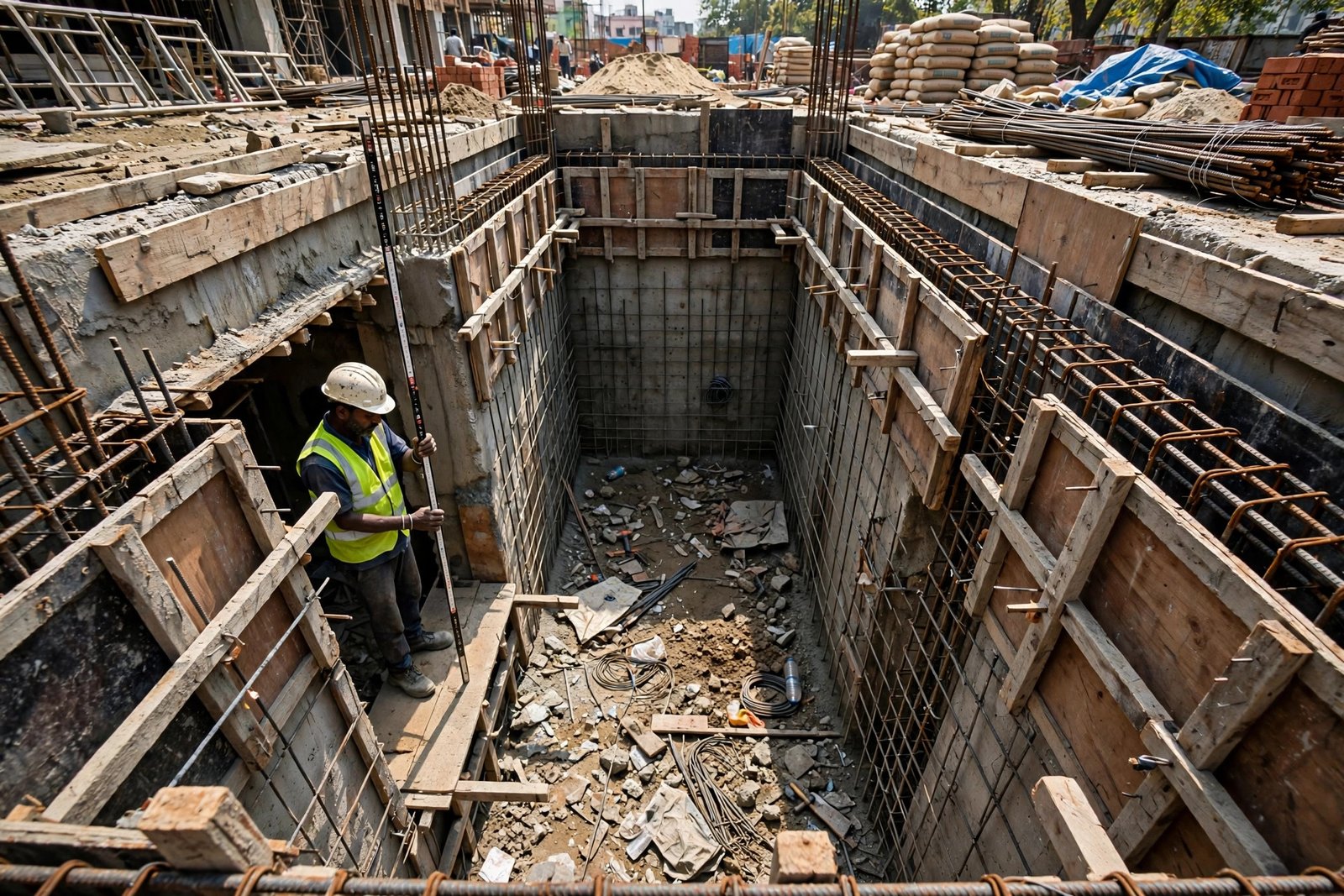 Concrete elevator pit under construction showing depth measurement at a building site