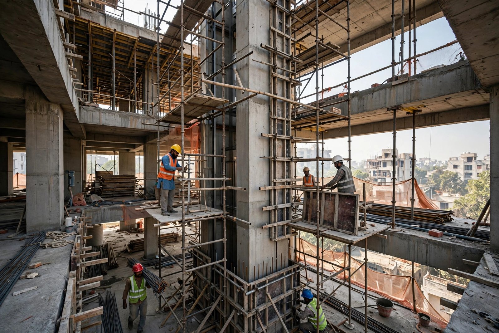 Construction workers building a concrete elevator shaft inside a new Indian residential building
