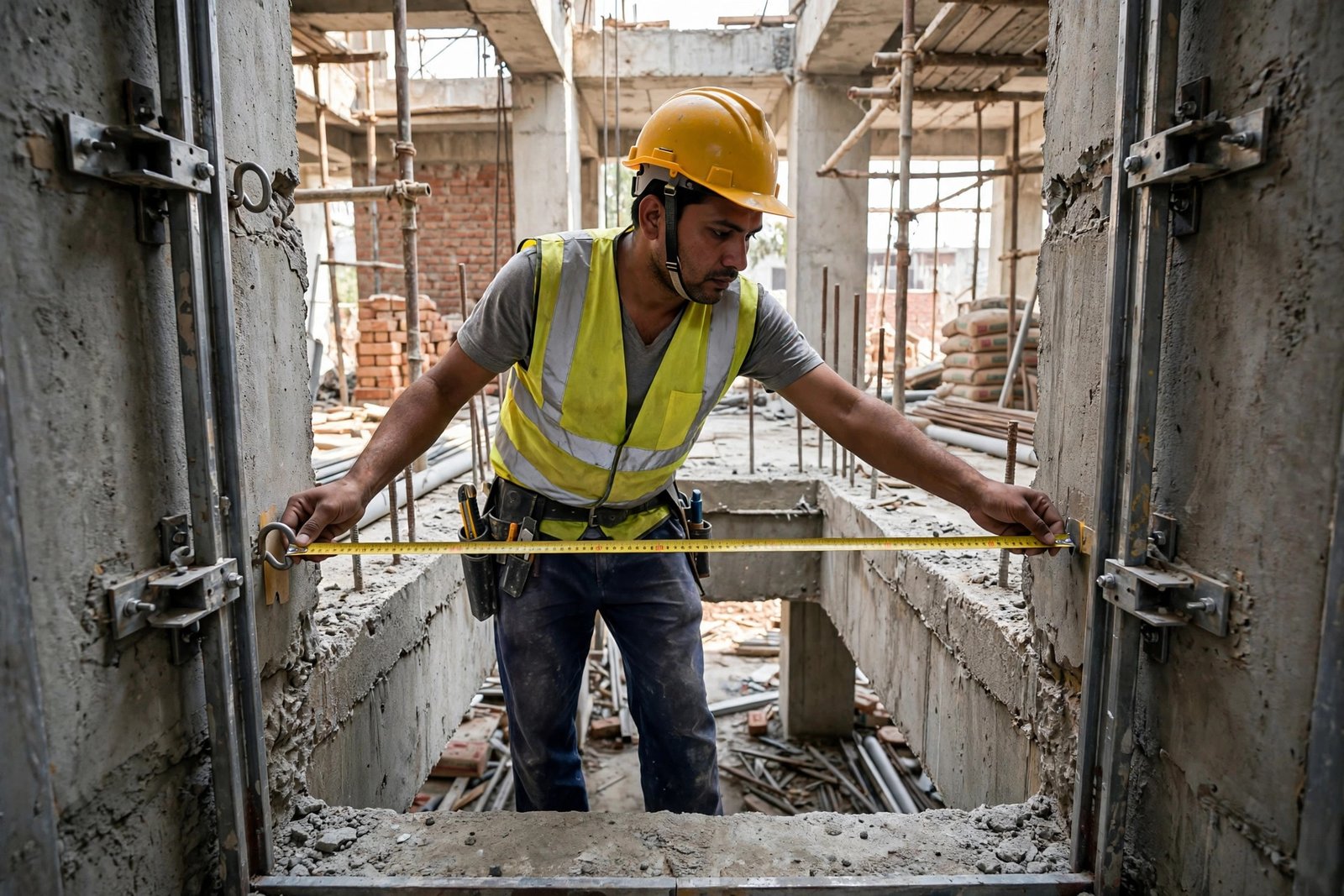 Technician measuring elevator shaft dimensions with tape at a construction site in India