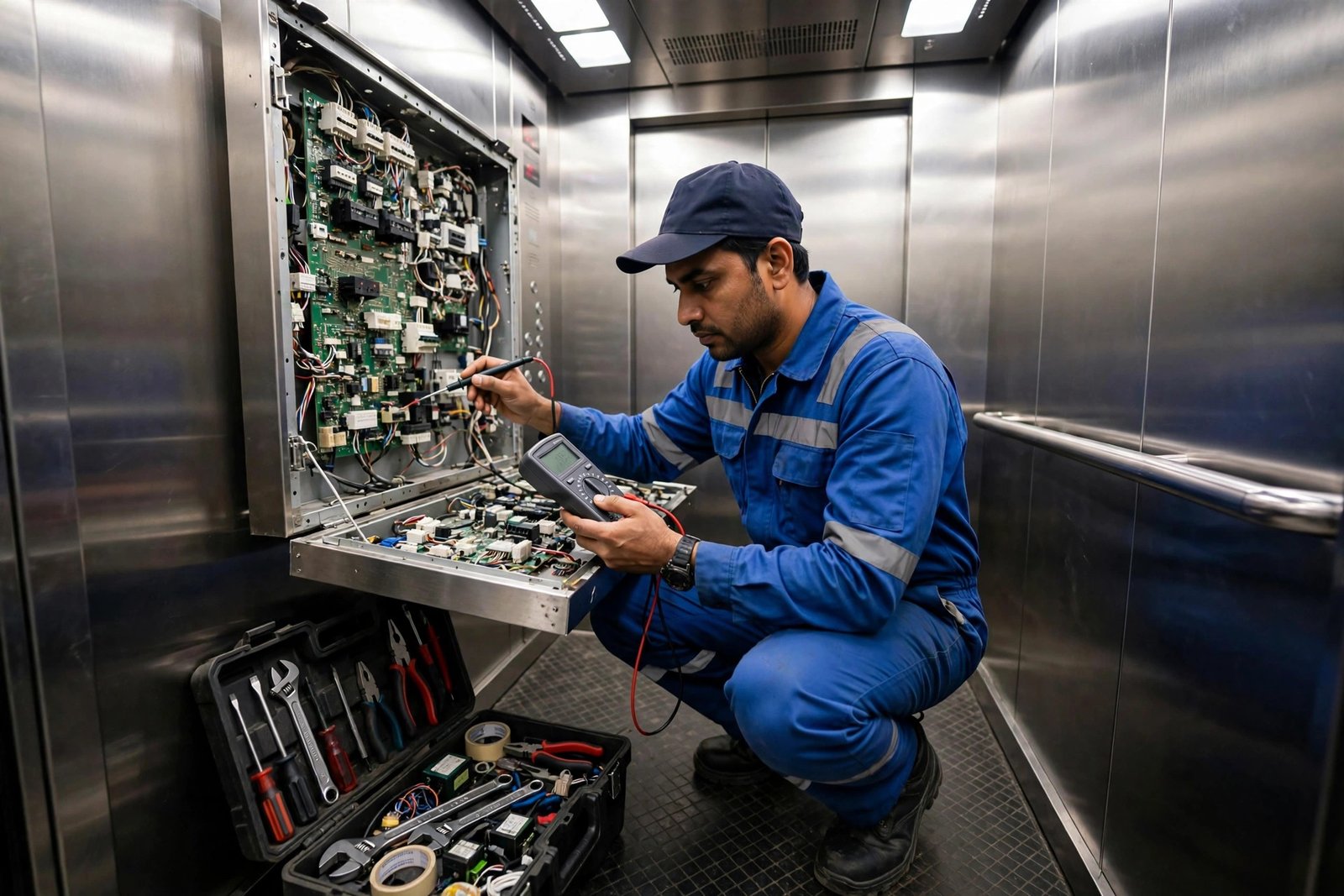 Lift technician servicing elevator control panel with tools