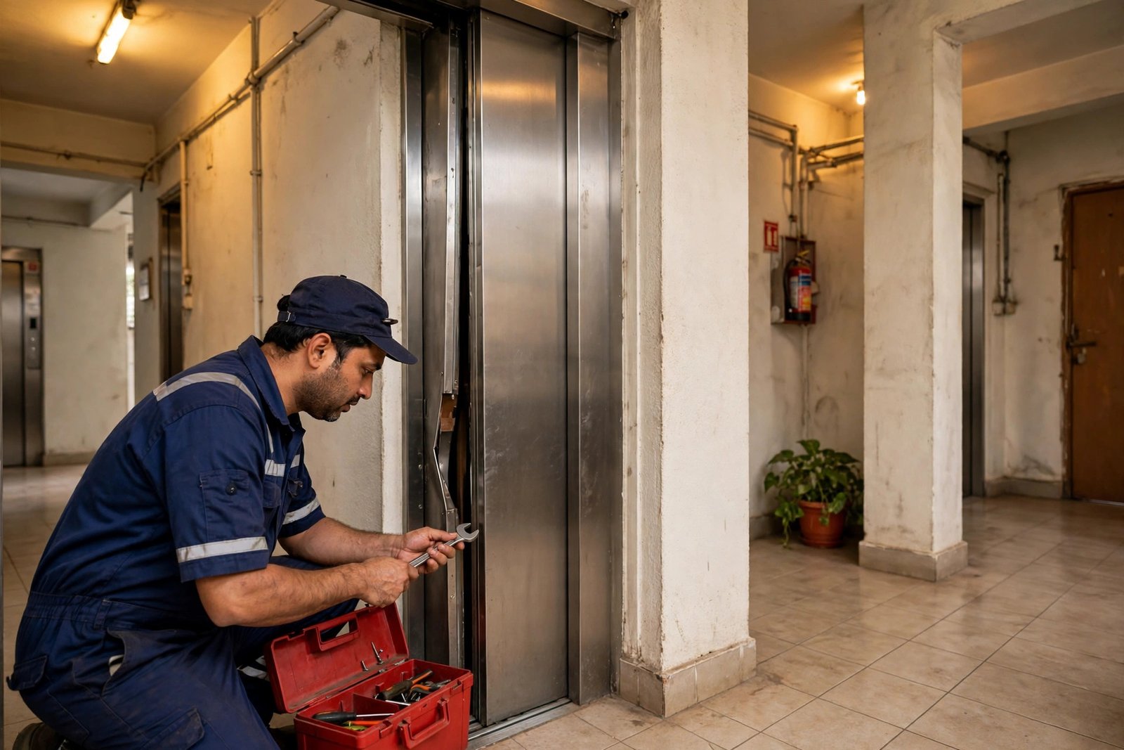 Technician inspecting lift doors showing warning signs in Dhanbad apartment