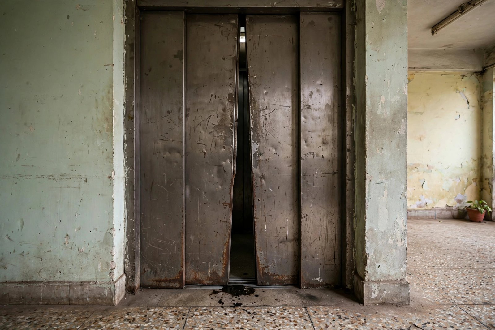 Worn lift doors with uneven gap — a warning sign needing immediate attention