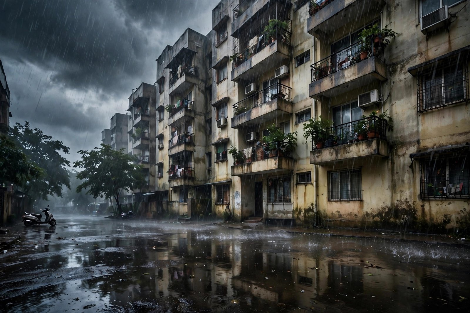 Heavy monsoon rain over a residential apartment building in India
