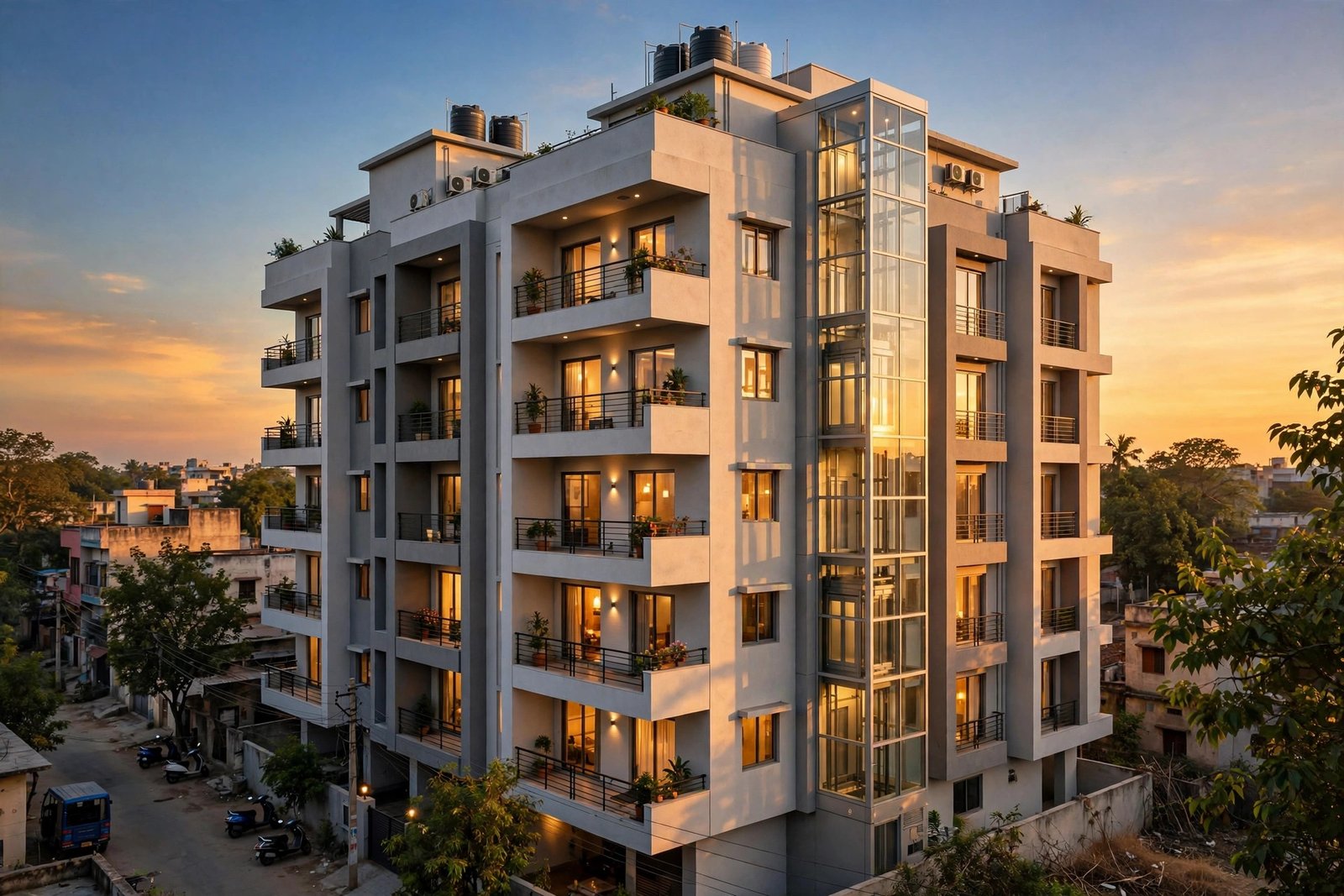 Modern apartment building in Ranchi with glass elevator shaft at sunset