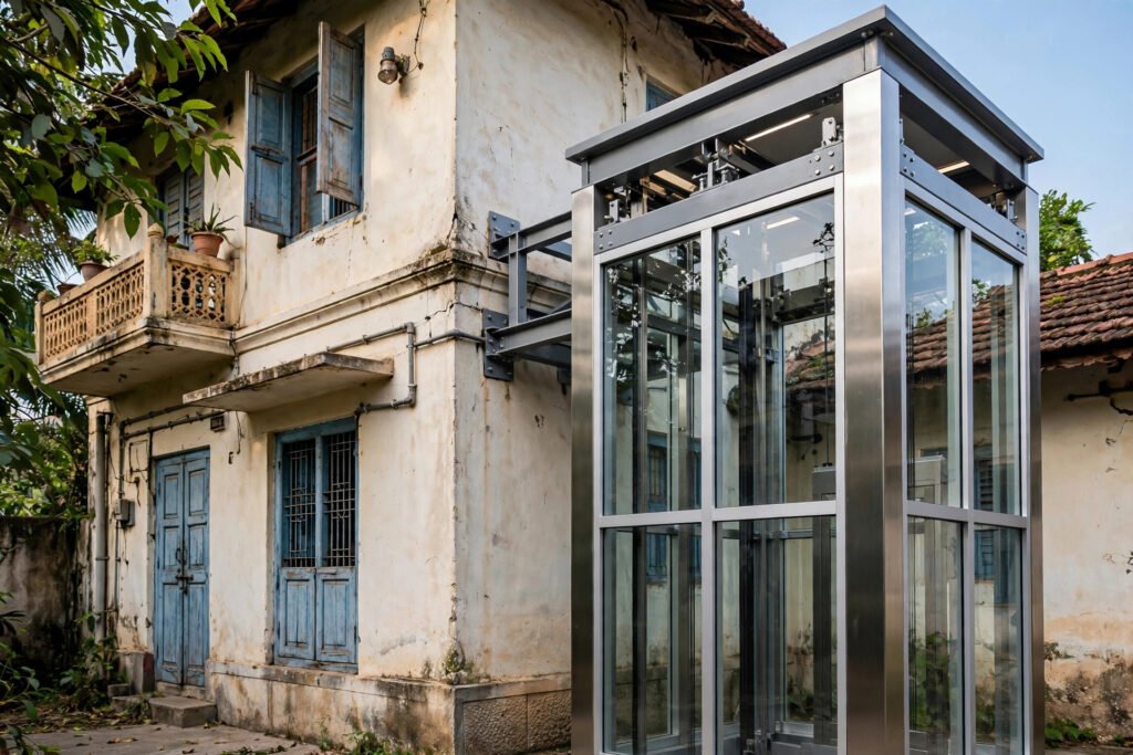 Steel structure elevator shaft attached to the outside of an old Indian house