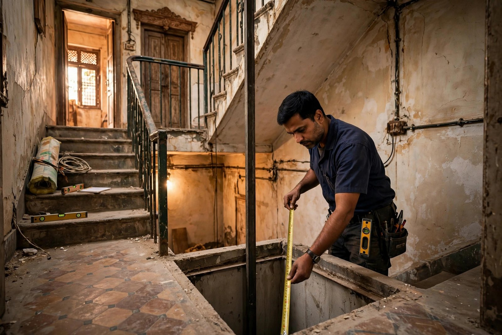 Technician measuring old house staircase well for compact home lift shaft installation