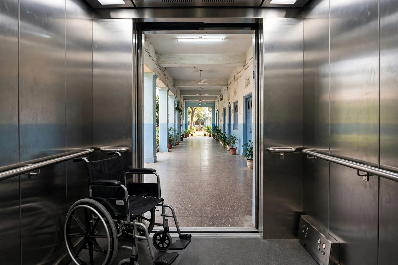 Wheelchair-accessible school elevator cabin with handrails