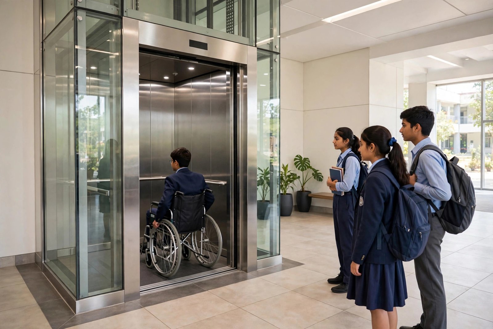 School elevator lobby in Jharkhand with wheelchair-accessible lift