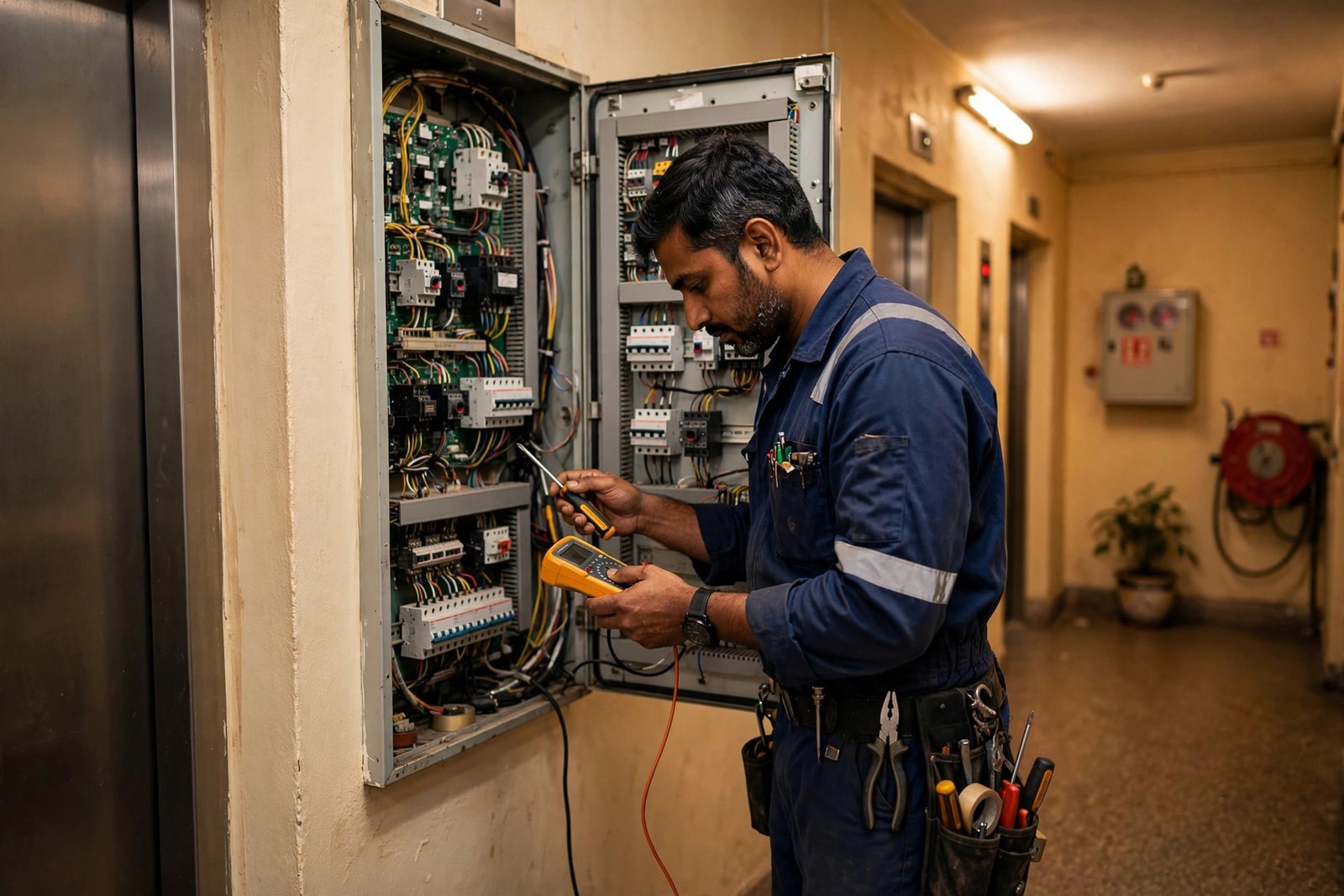 Lift technician performing scheduled maintenance service on a residential society elevator in India