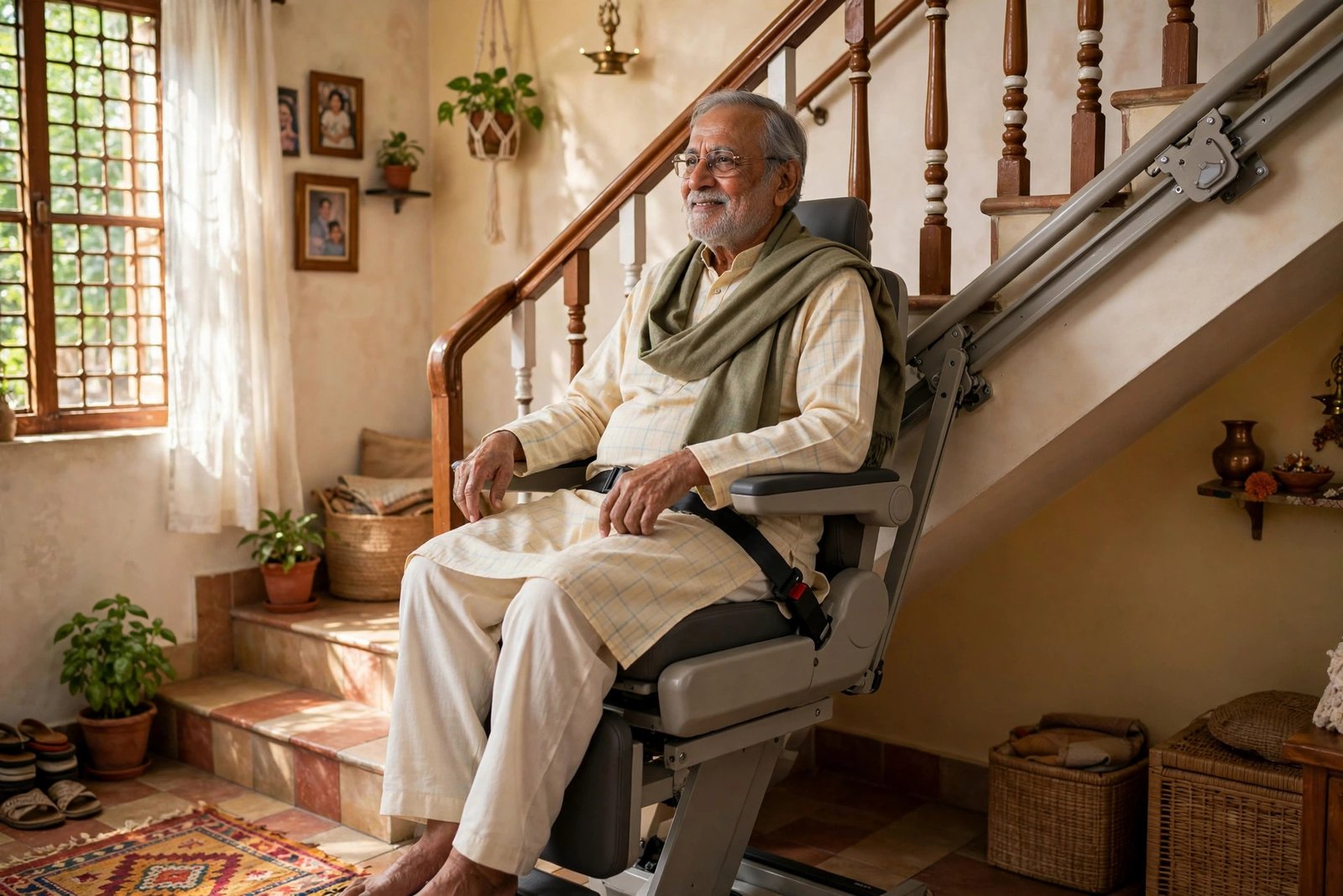 Senior citizen comfortably using a stair lift chair in an Indian home