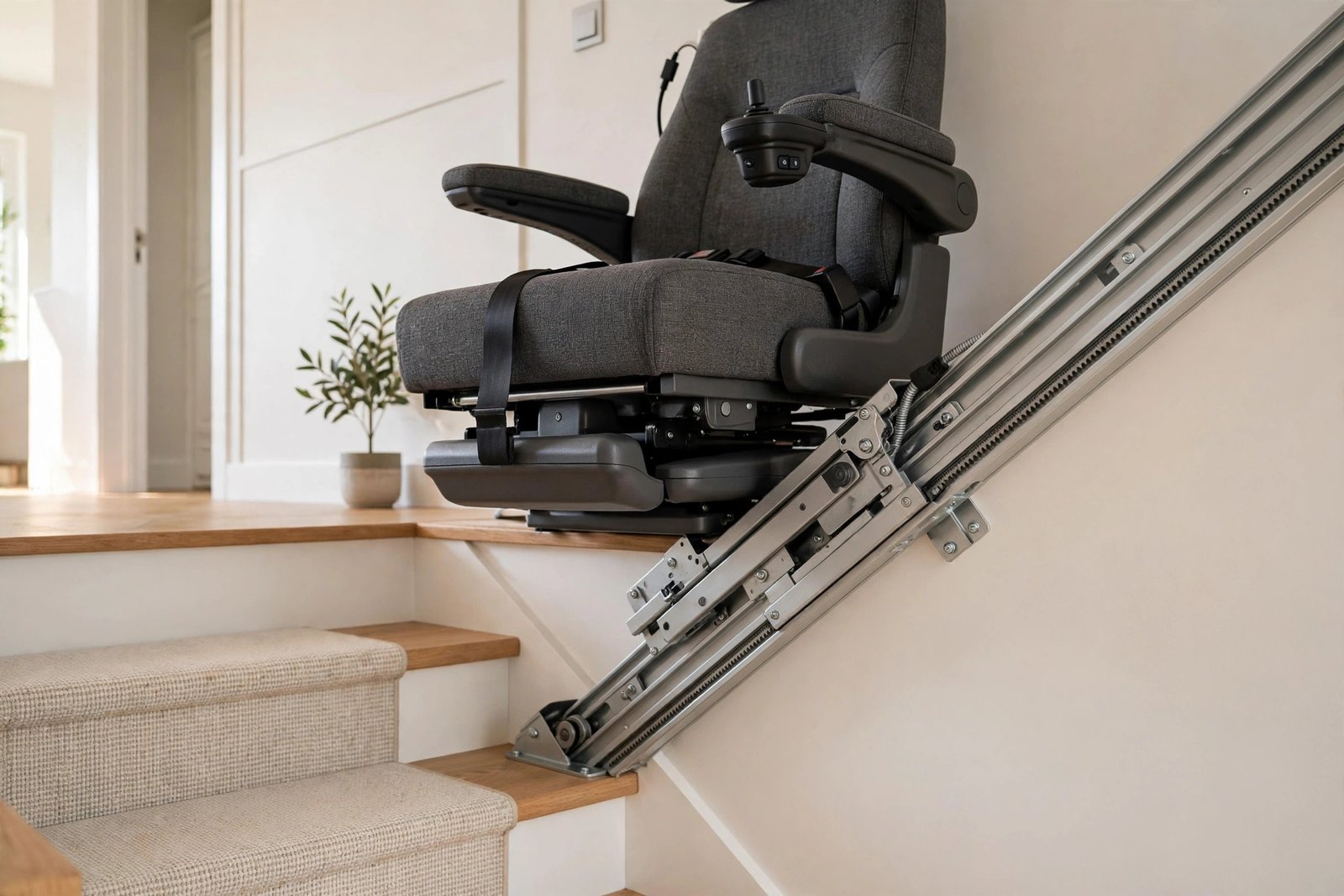 Close-up of stair lift rail installed along a home staircase with chair docked