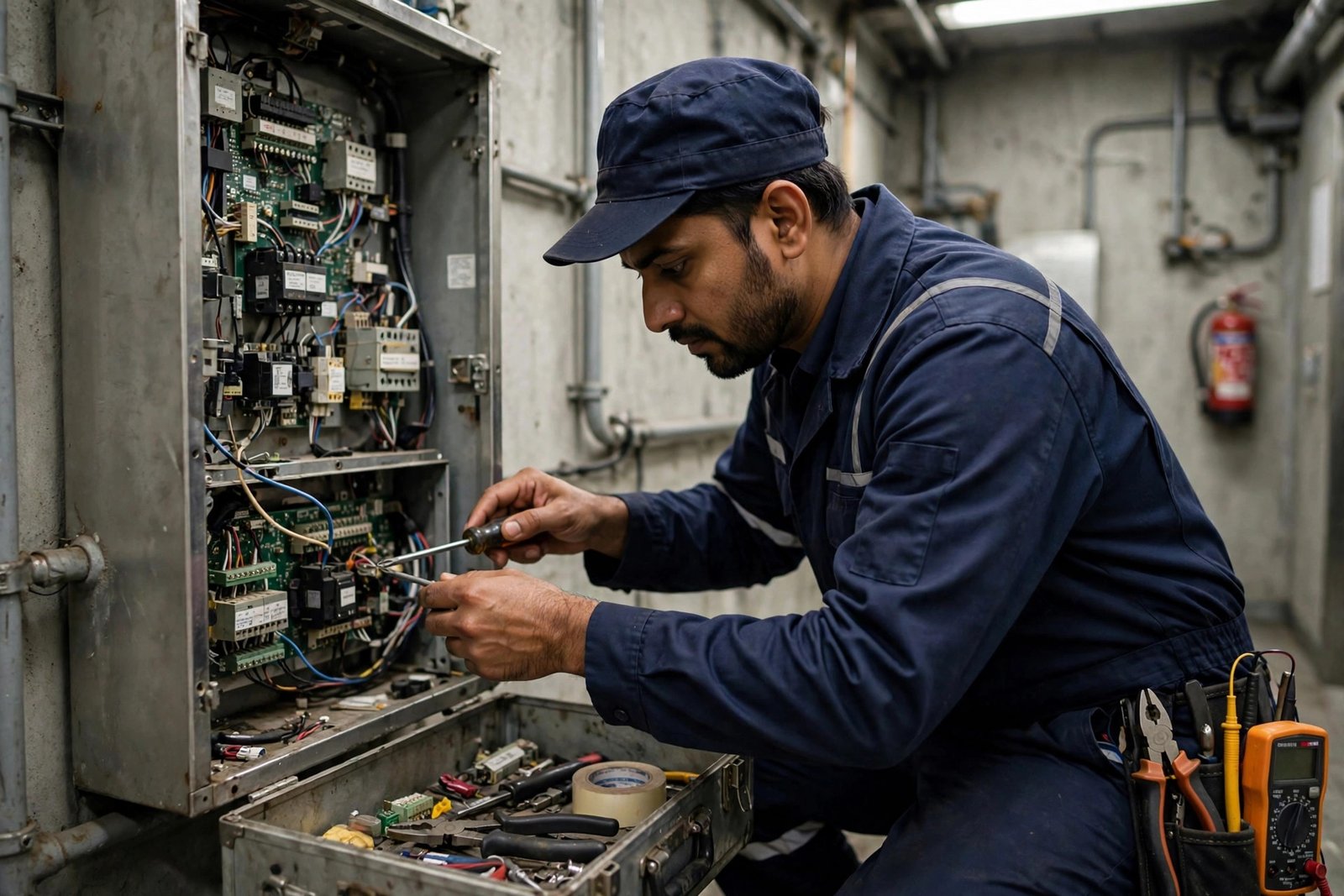 Technician inspecting an elevator control panel during maintenance