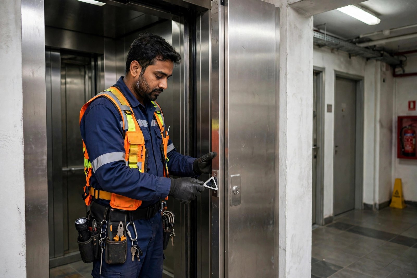 Trained lift technician safely opening an elevator landing door during a passenger rescue operation