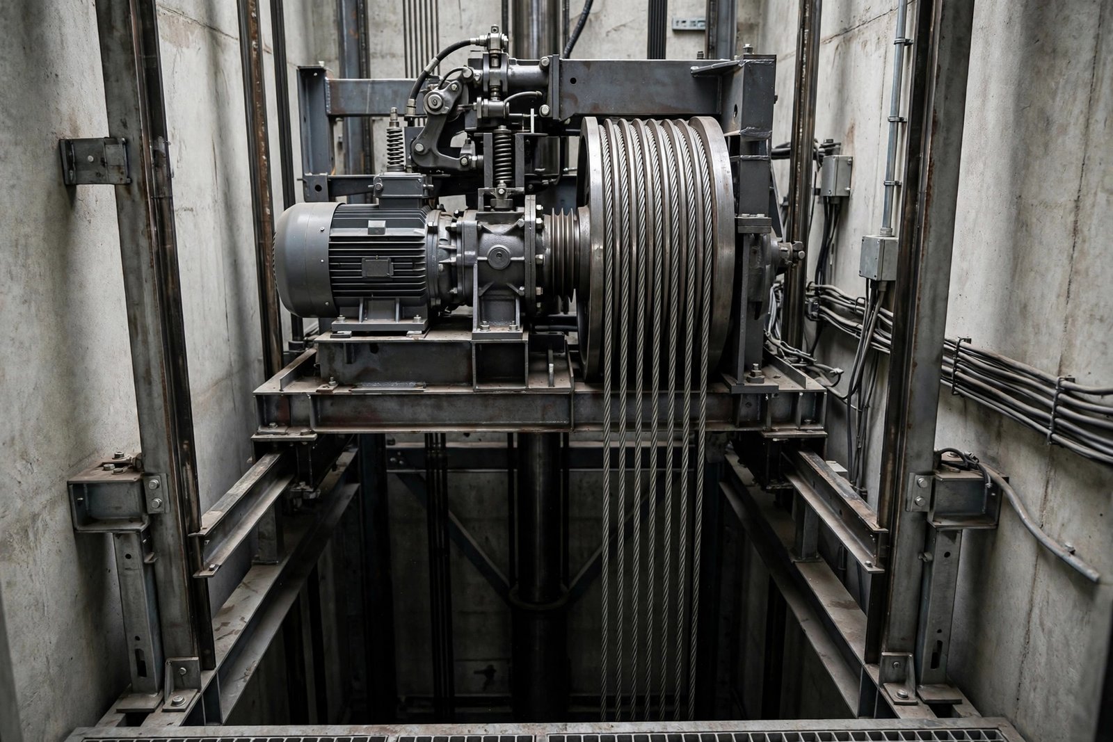 Traction elevator drive unit with steel ropes and sheave inside shaft